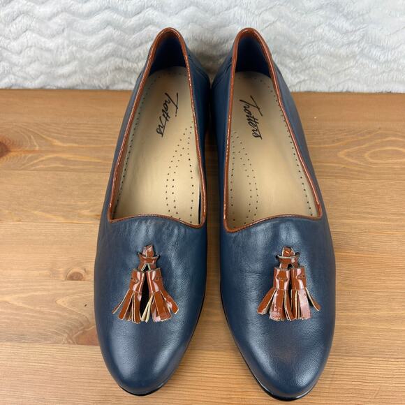 Trotters Womens Liz Tassel Loafers Navy Leather Brown Comfort Flat Shoes Sz 8M - Picture 2 of 11